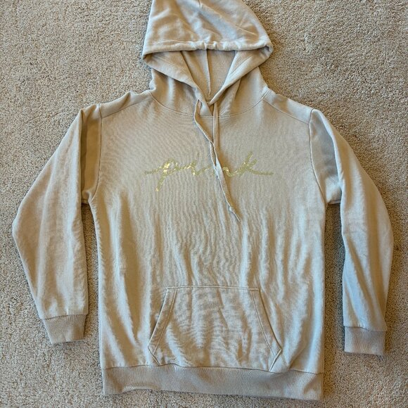 PINK Victoria's Secret Tops - Victoria's Secret Pink Tan/Cream Silver Hoodie Sweatshirt Oversized